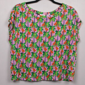 Bouffants & Broken Hearts flamingo print pink boxy linen cropped shirt-M